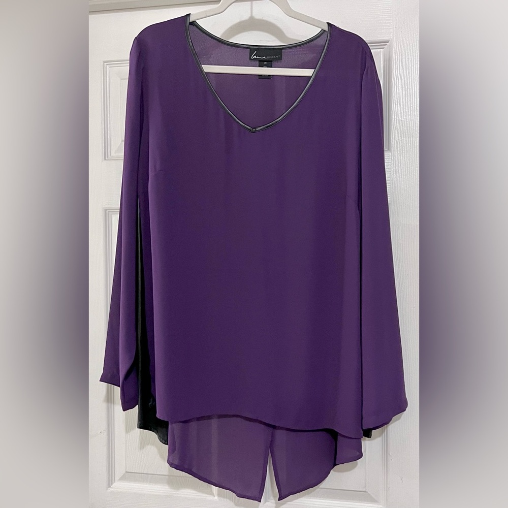 Lane Bryant Purple/Black V-Neck Blouse with Faux Leather Accents, Size 20